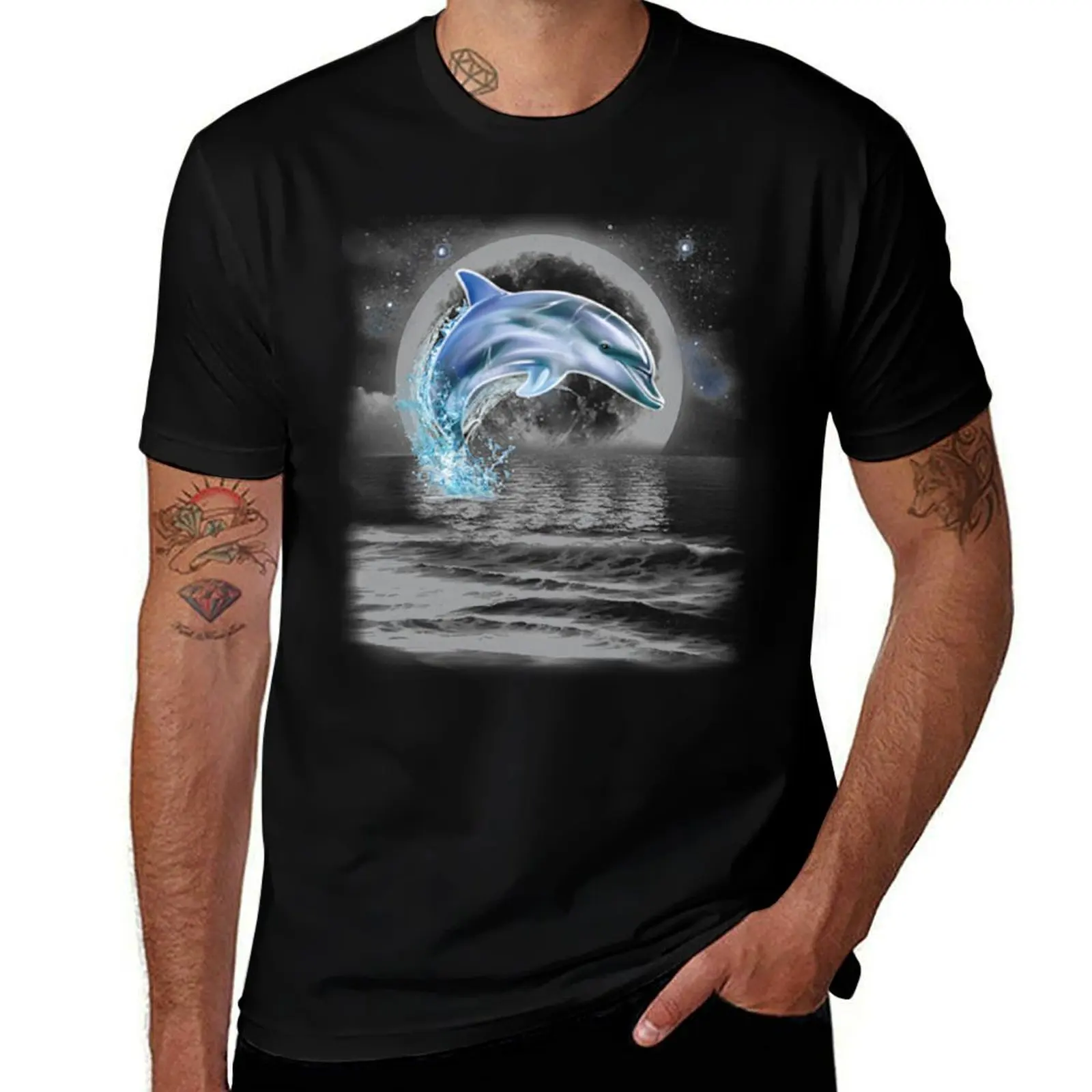 Dolphin Dancing in Moonlight T-Shirt Big and Tall Loose Fit T-Shirt