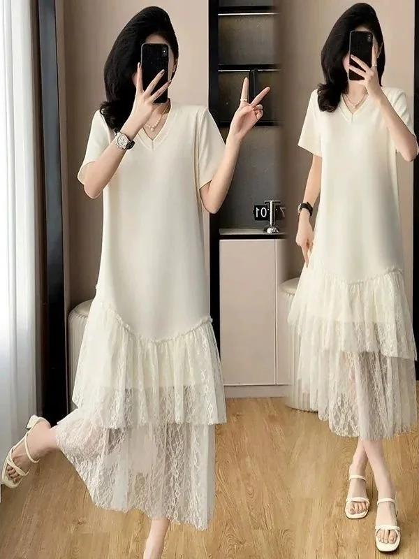 Coréen Sle dentelle épissure surdimensionné v-ne t-shirt Dr femmes Ele polyvalent pull Dr été décontracté a-ligne jupe