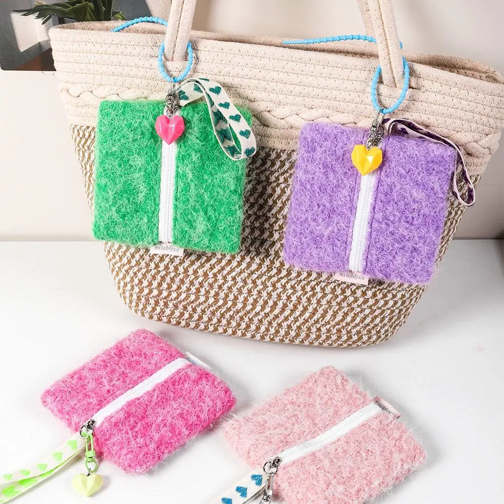 

Small Mini Plush Card Bags with Heart Pendant Korean Travel Coin Purse Ins Square Makeup Handbags Earphone