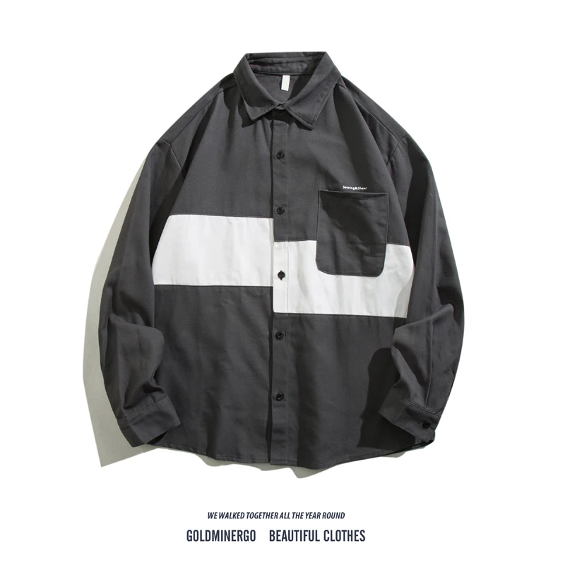 

Повседневная свободная мужская блузка Long Sve irt Color Contrast, весна-осень, универсальная хлопковая однотонная одежда Sli And Haome