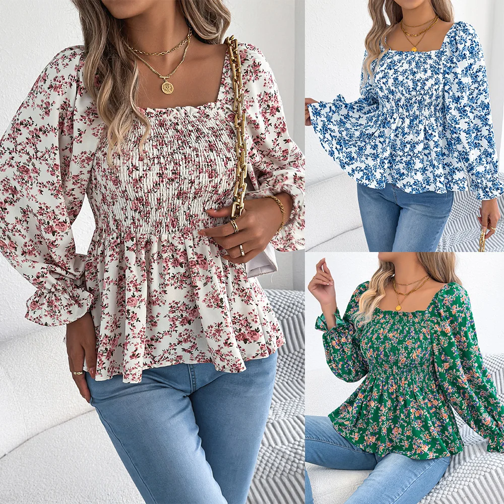

Women Spring Summer Chiffon Blouse and Shirts Long Sleeve Sequre Collar Floral Printing Shirt Tops blusas