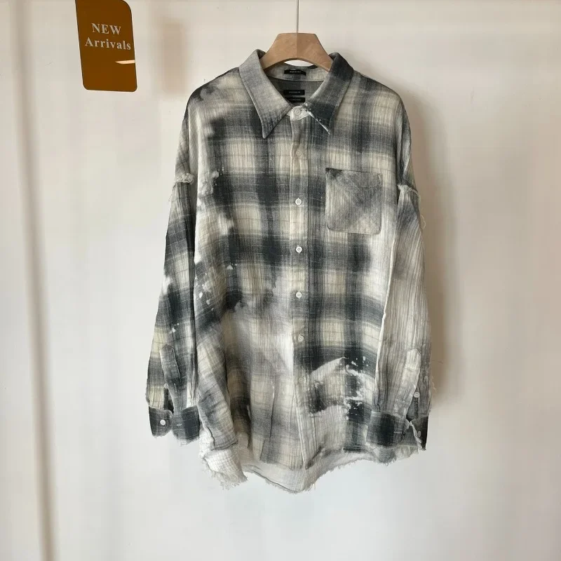 2024 Spring Imported Pure Cotton Double Gauze Black and White Distressed Plaid Shirt