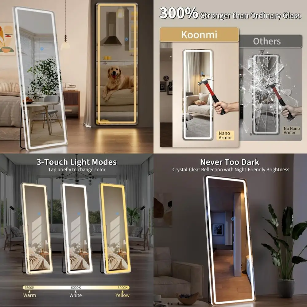 Espelho de comprimento total iluminado por LED com escurecimento e 3 opções de cores, espelho grande de 68x26 polegadas para quarto e vestiário