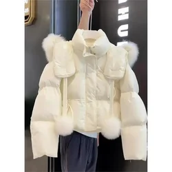 Women Parkas Coat Sweet Style 2024 High Quality Style Street White Fur Collar Hooded Cotton Jacket Regular Women Clothing Winter