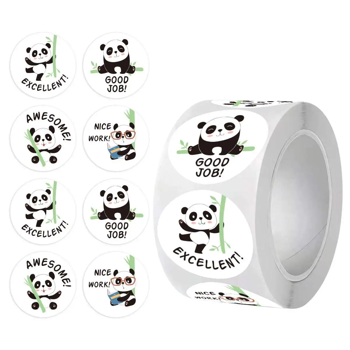 100-500PCS Panda Reward Stickers Roll for Kids, 1 Inch Round Cute Animal Panda Bamboo Kindergarten Teacher Motivational Stickers