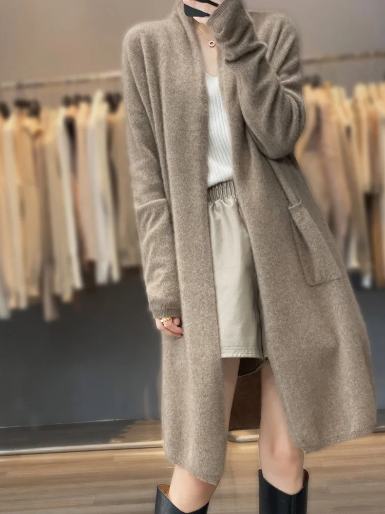 

100% Merino Wool Spring Autumn Women's Cardigan Long Sleeve Sweater Solid Color Loose Warm Knitwear Fashion Female Long Coat