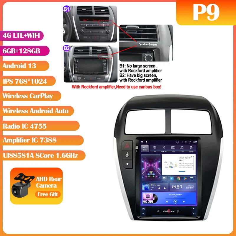 Android 14 Mitsubishi Asx 1 2010-2016 9.7 "7862S QLED Autoradio Multimedia Video Player Carplay Auto GPS Navi Stereo Geen DVD 2Din