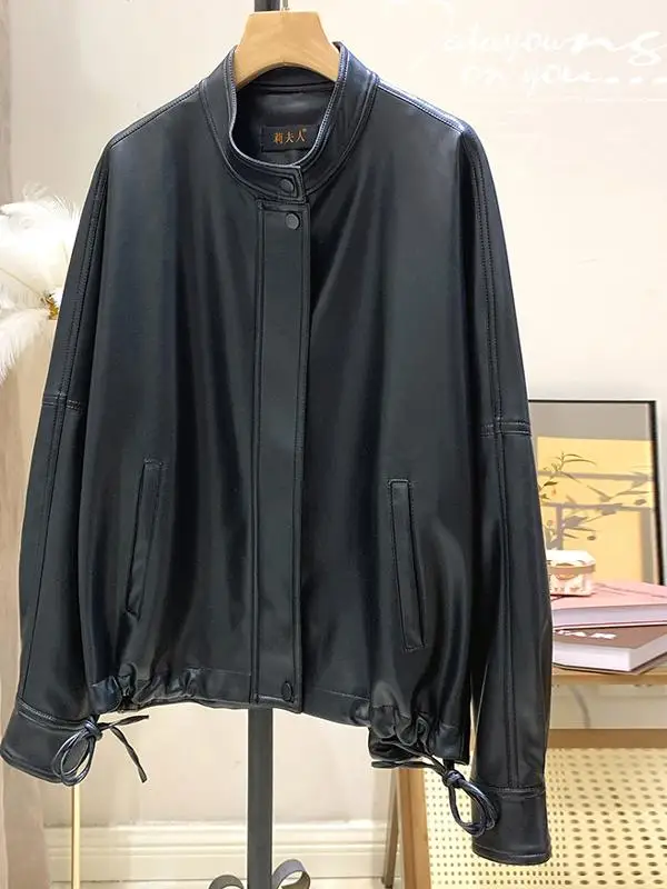 

Women's ort Leather Jaet 2025 Autumn Winter New Sle Stand Collar Loose Bla Haifeng eepskin Biker Coat