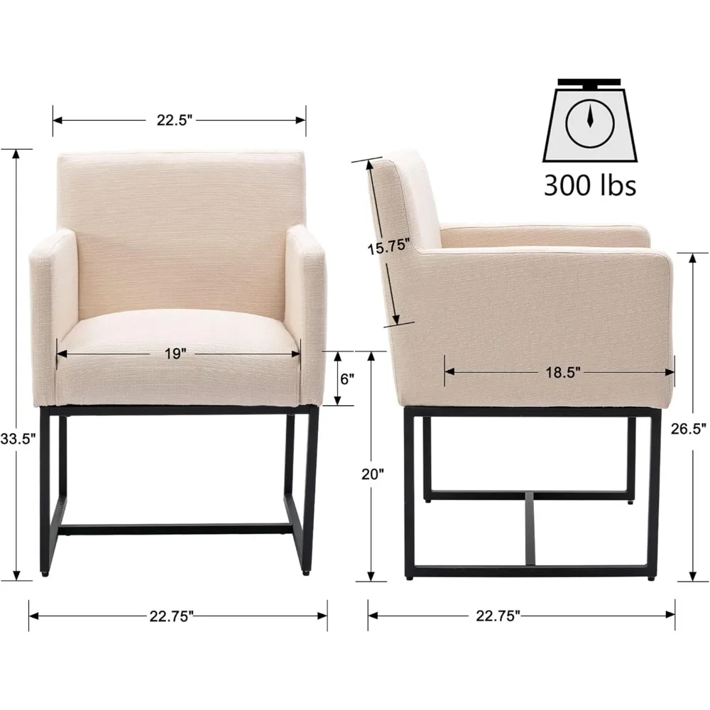 Linnen gestoffeerde eetkamerstoelen met armen, set van 2, moderne gewatteerde keukenstoelen uit het midden van de eeuw met zwart metalen frame voor restaurant