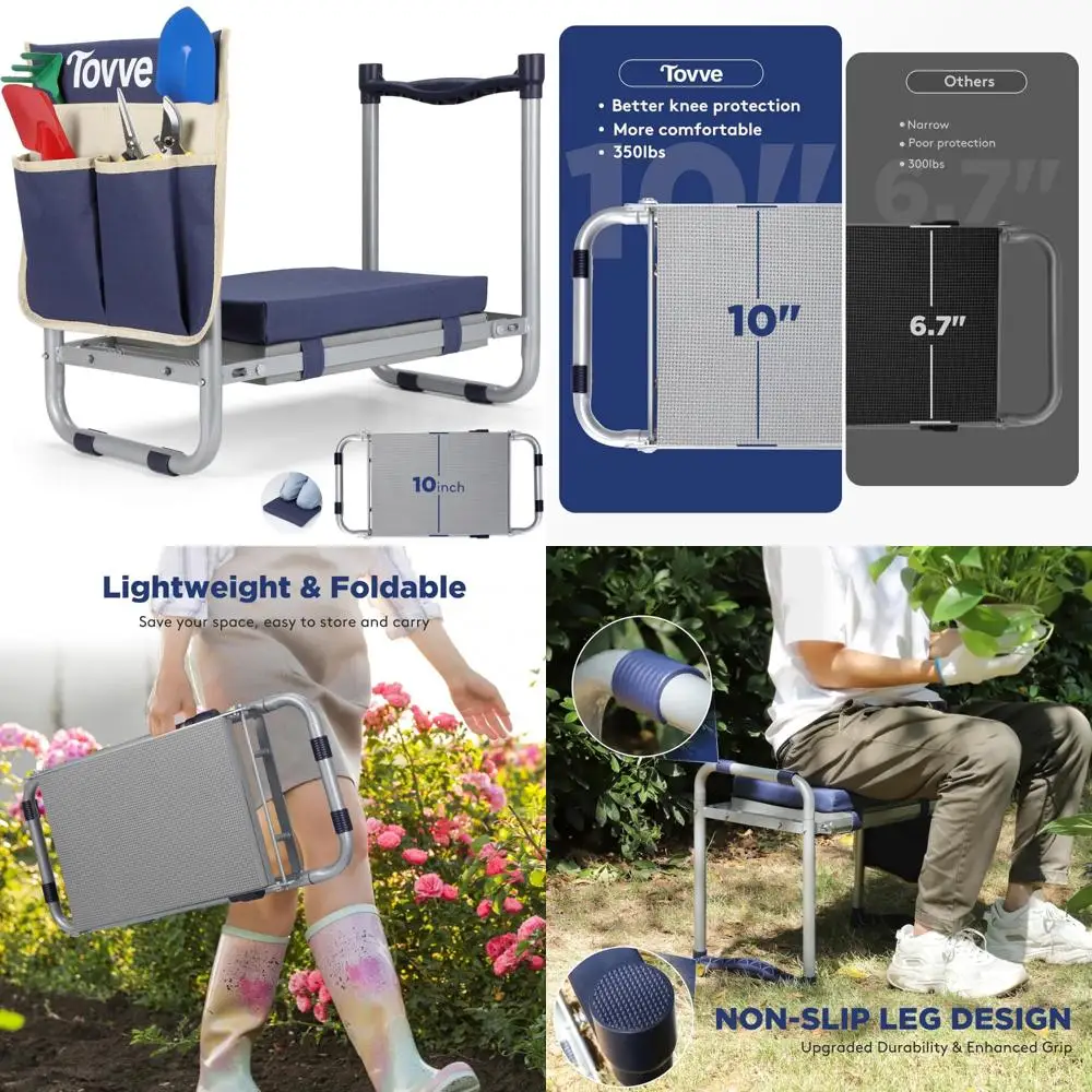 

Heavy-Duty Foldable Garden Seat with Wide Detachable Kneeling Pad, Portable Outdoor Bench Chair for Gardening Comfort