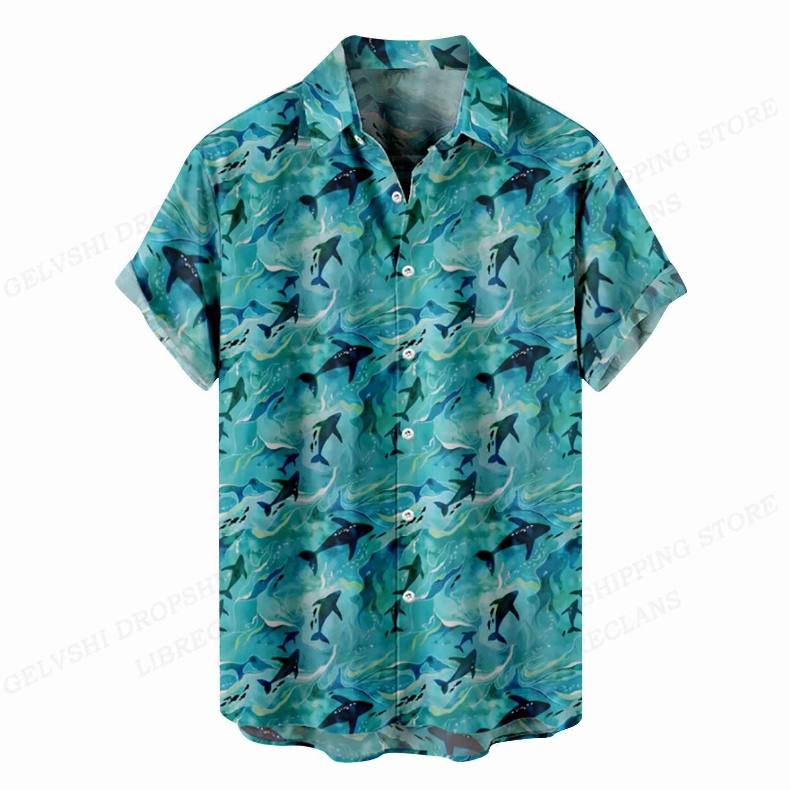 Verão Camisas Havaianas Peixe Impresso Camisa Das Mulheres Dos Homens Moda Blusa de Manga Curta Camisas de Lapela dos homens Praia Camisas Mar