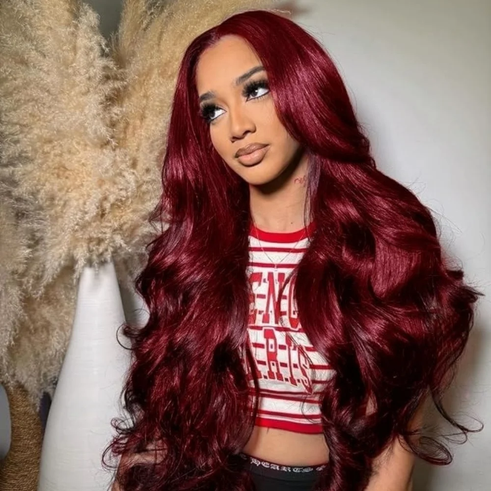 

Body Wave 13×4 Lace Front Wigs Human Hair Burgundy Transparent 220 Density Red Color Pre Plucked Lace Frontal Wig For Women 99J