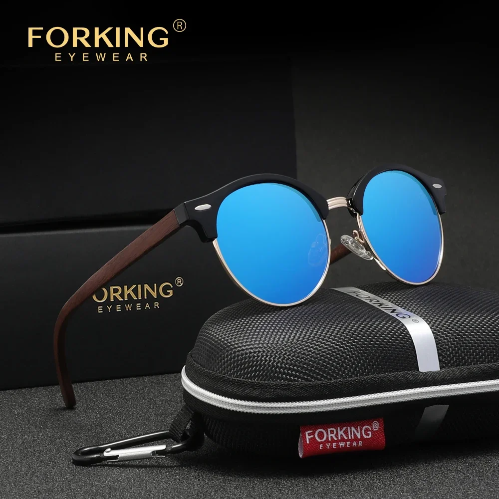 FORKING Nature Fashion Wooden Frame Sunglasses Round Design Unisex UV400 Polarized Glasses Business Driving Travel  Eyeglasses