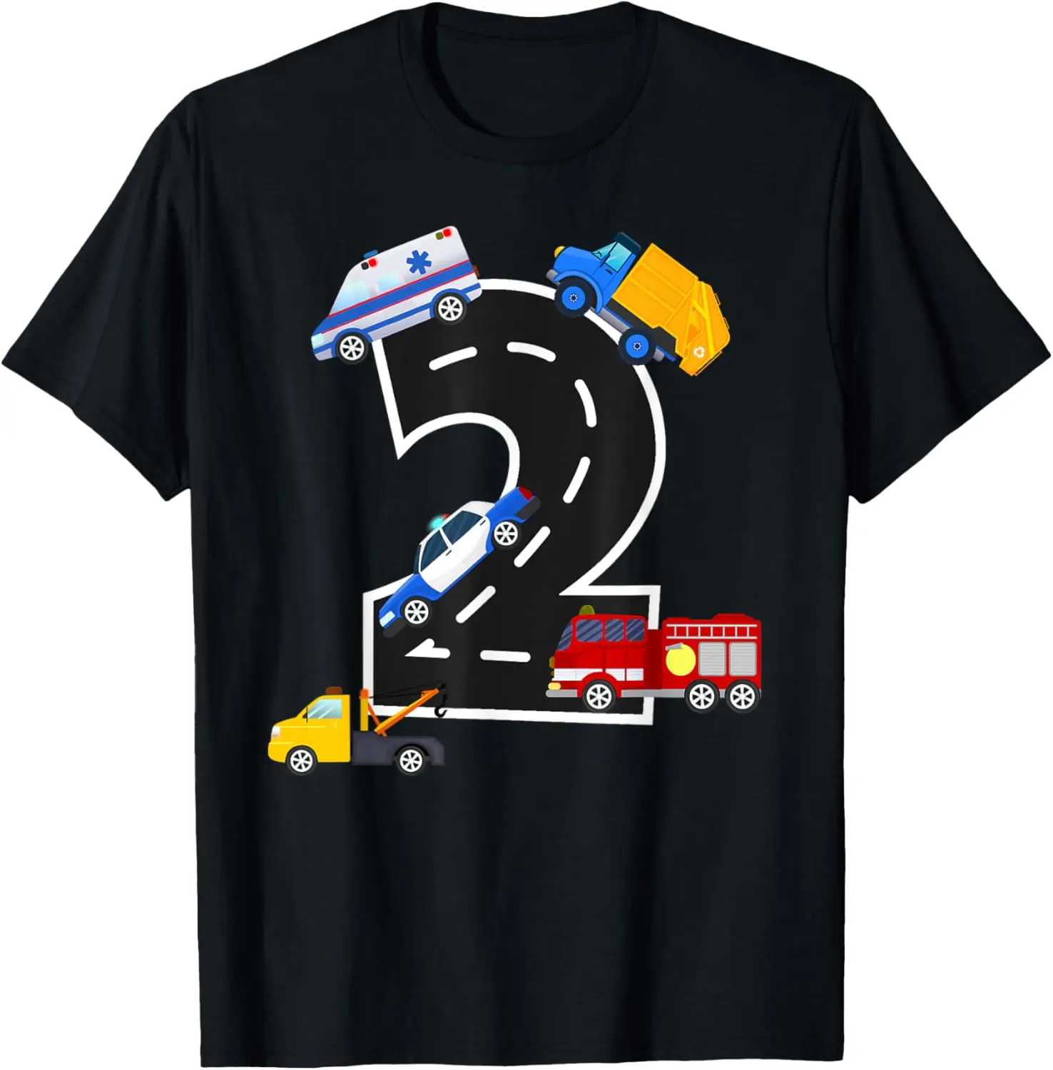 2nd Birthday Boys Fire Truck Police Car T-Shirt 2 Year Old