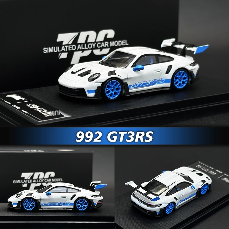 

TPC 1:64 992 GT3RS White Blue Wheel Hub Diecast Diorama Car Model Collection Miniature Toy