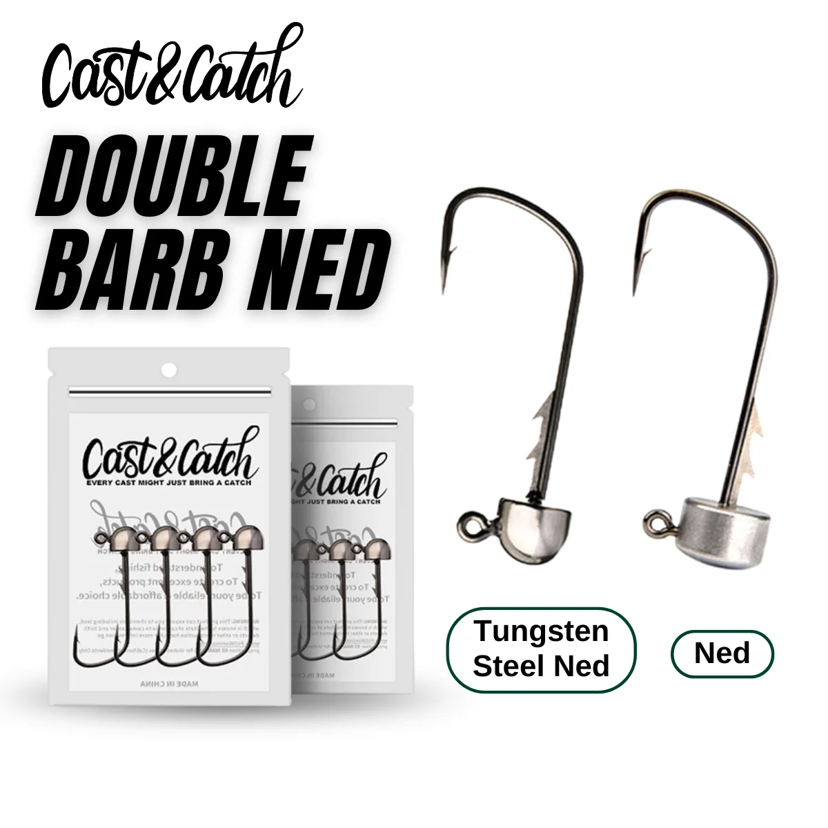 

Cast&Catch Double Barb Tungsten Steel Ned Jig Lead Wide Gap Hook for Soft Bait/Soft Worm, Specialized for Black Pit Fishing Rigs