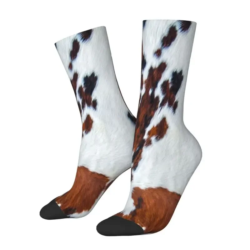 Novelty Mens Rustic Cow Faux Fur Skin Leather Dress Socks Unisex Breathbale Warm 3D Printing Animal Cowhide Texture Crew Socks