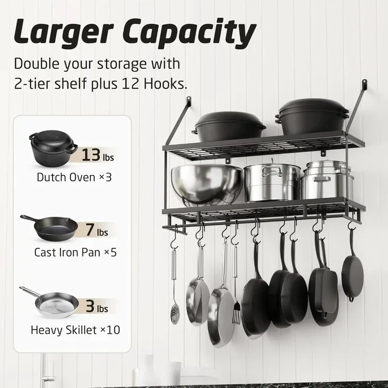 30-inch kitchen pot rack, wall-mounted hanging organizer for cookware storage, matte black 2-tier shelf with guard rail