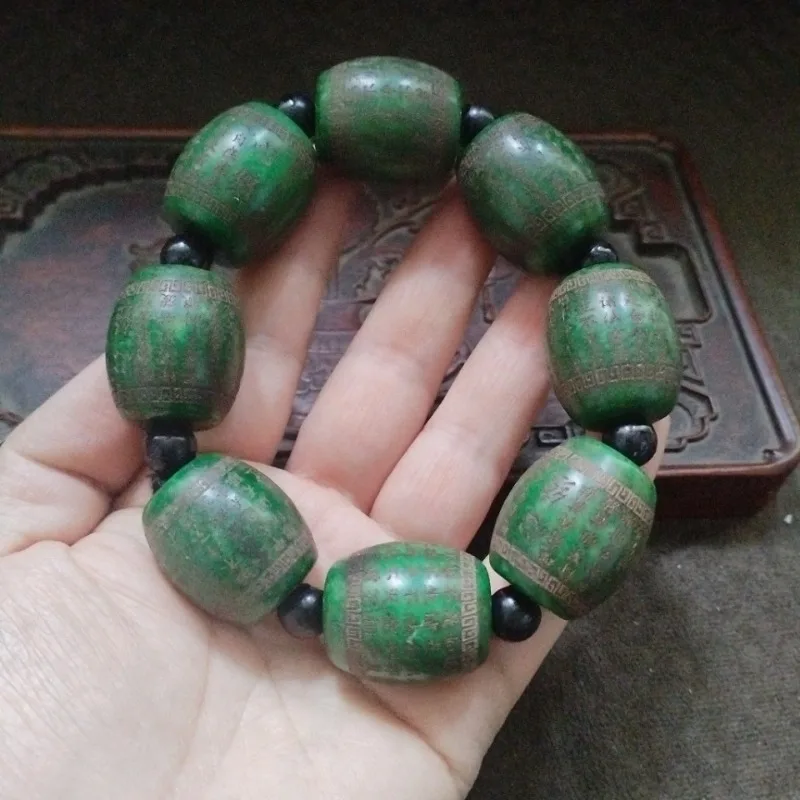 Vintage Green Barrel Bead Bracelet, Ethnic Tibetan Style Patterned Dzi Bead Men Women Handmade Bracelet