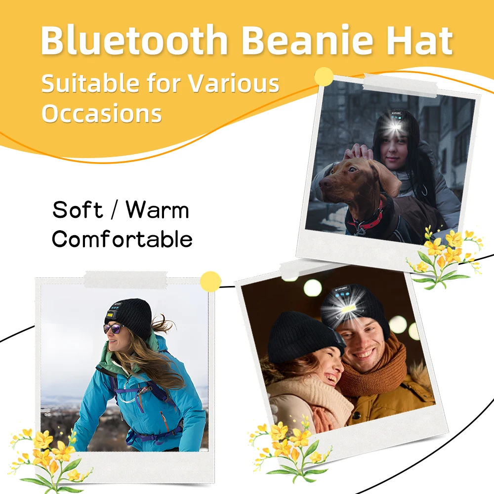 Bluetooth Beanie with Light, Unisex LED Headlamp Hat with Wireless Headphones, Unique Christmas Birthday Gifts