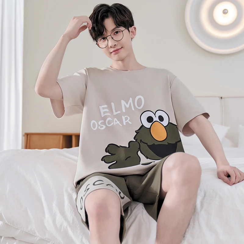 2024 Summer Men\'s Pajamas Sets Knitted Cotton Cartoon Shorts Loose Pijamas For Sleeping Fashion Mens Sleepwear Students Homewear