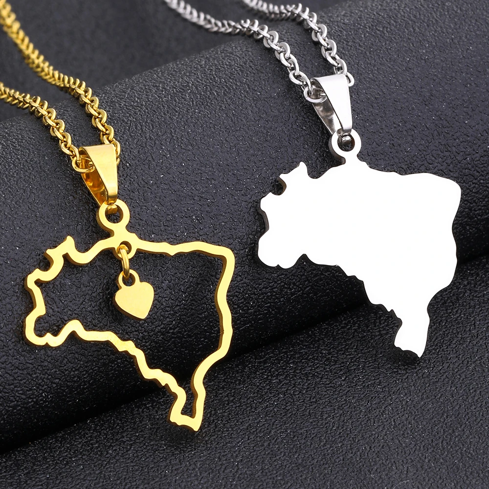 Heart Brazil Map Pendant Necklace Stainless Steel Men Women Gold/Steel Color Brasil Country Maps Jewelry Gift