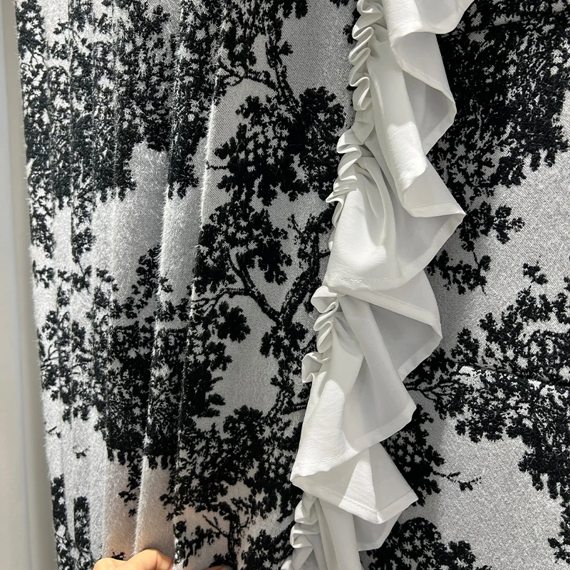 Black and White Bayberry Tree Ear Ruffle Cashmere Jacquard Chenille Curtains for Living Room Bedroom French Window Balcony