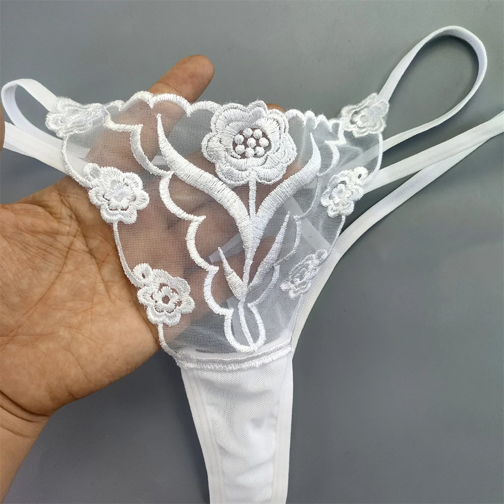 2 ks výšivky květiny sexy dámské tanga dvojitý tenký pásek průhledná síťovina tangá bezešvé spodní prádlo plus velikost - náhled 6