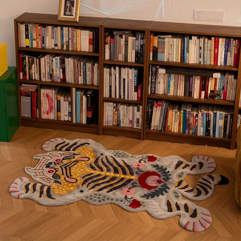 Faux Imitation Tiger Area Carpet Irregular Shape Fluffy and Soft Non-Slip Washable Rugs for Living Room, Reading Area Home Decor