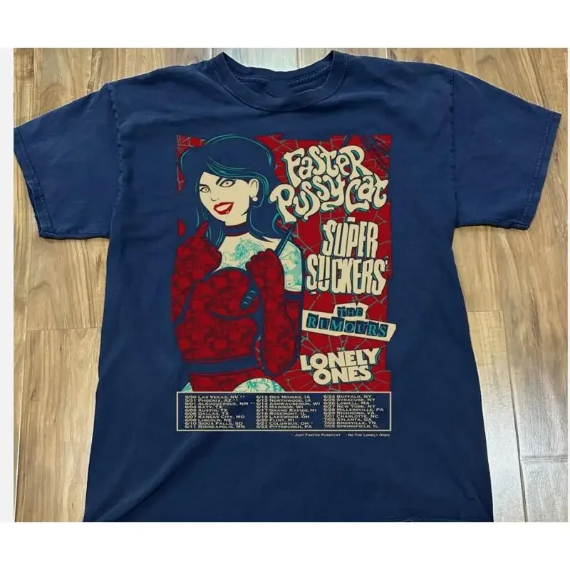 NUEVA camiseta azul marino de la gira de la banda Faster Pussycat, fechas 2025, todas las tallas S 5Xl