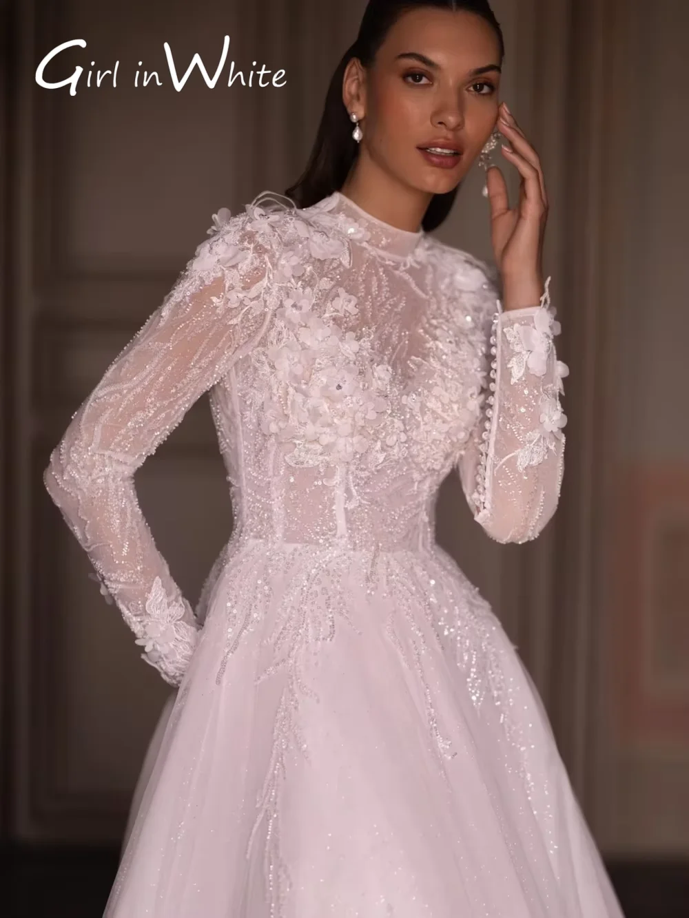 Robe de mariée à col haut avec appliques A-ligne, paillettes kly, perles, robe de mariée, manches longues, personnalisée, adaptée aux patients