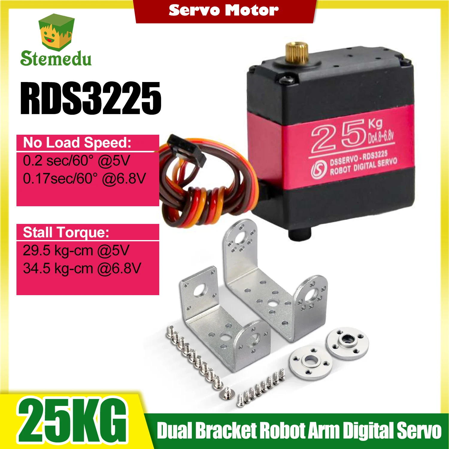 RDS3225 25KG Digital Servo Dual Axis High Torque Servo Motor Full Metal Gears Waterproof U Mounting Bracket for DIY Robotic Arm