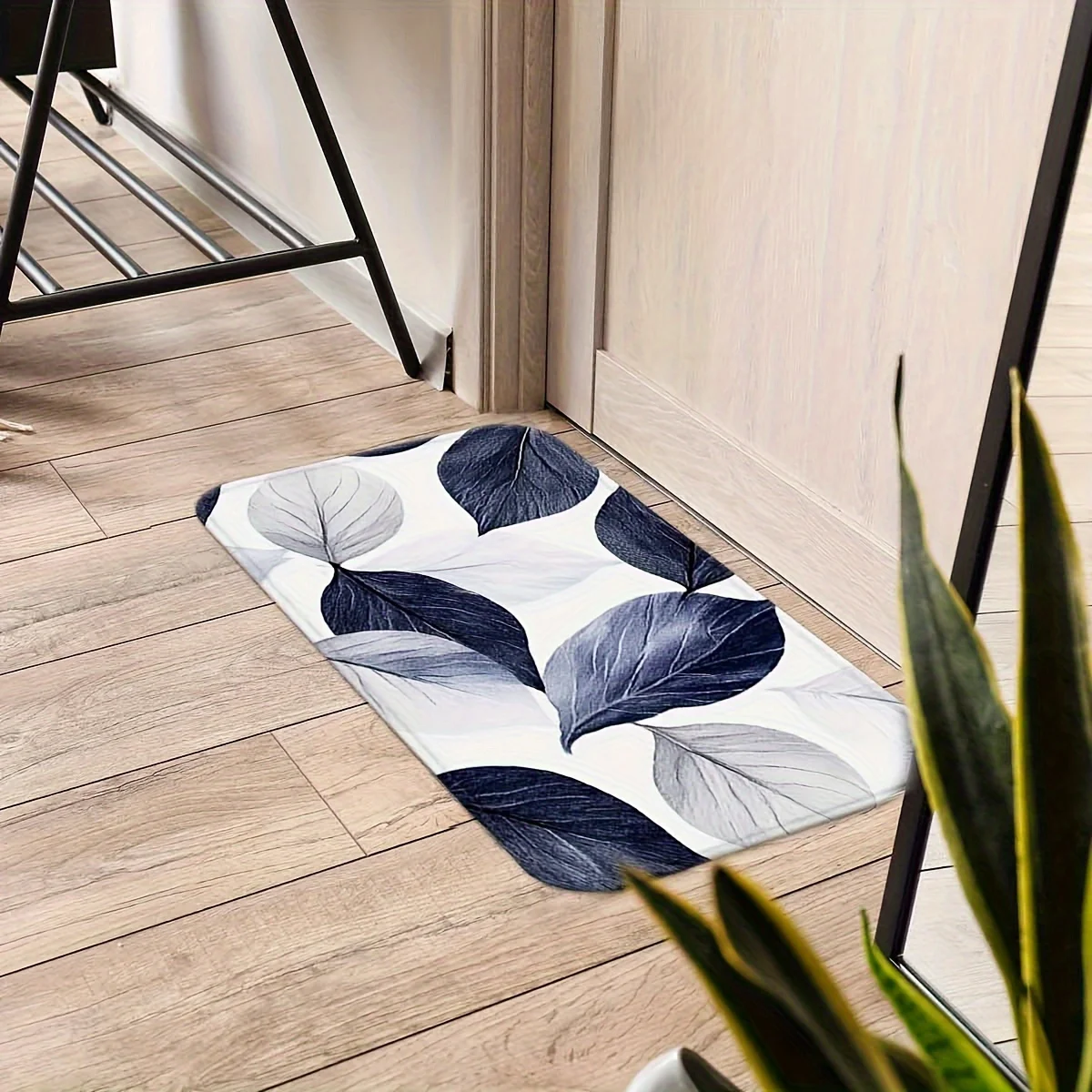 Fashionable Blue-gray Leaf Texture Quick-Drying Bathroom Floor Mat Non-Slip Absorbent Shower Carpet Suitable for Bathroom, Bat