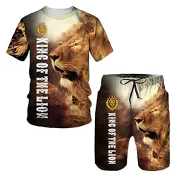 Summer New Men's Animal Sportswear 3D Printed Animal lion Pattern T-shirt Set Men O-neck T-shirt Two-piece Casual Sportswear Set