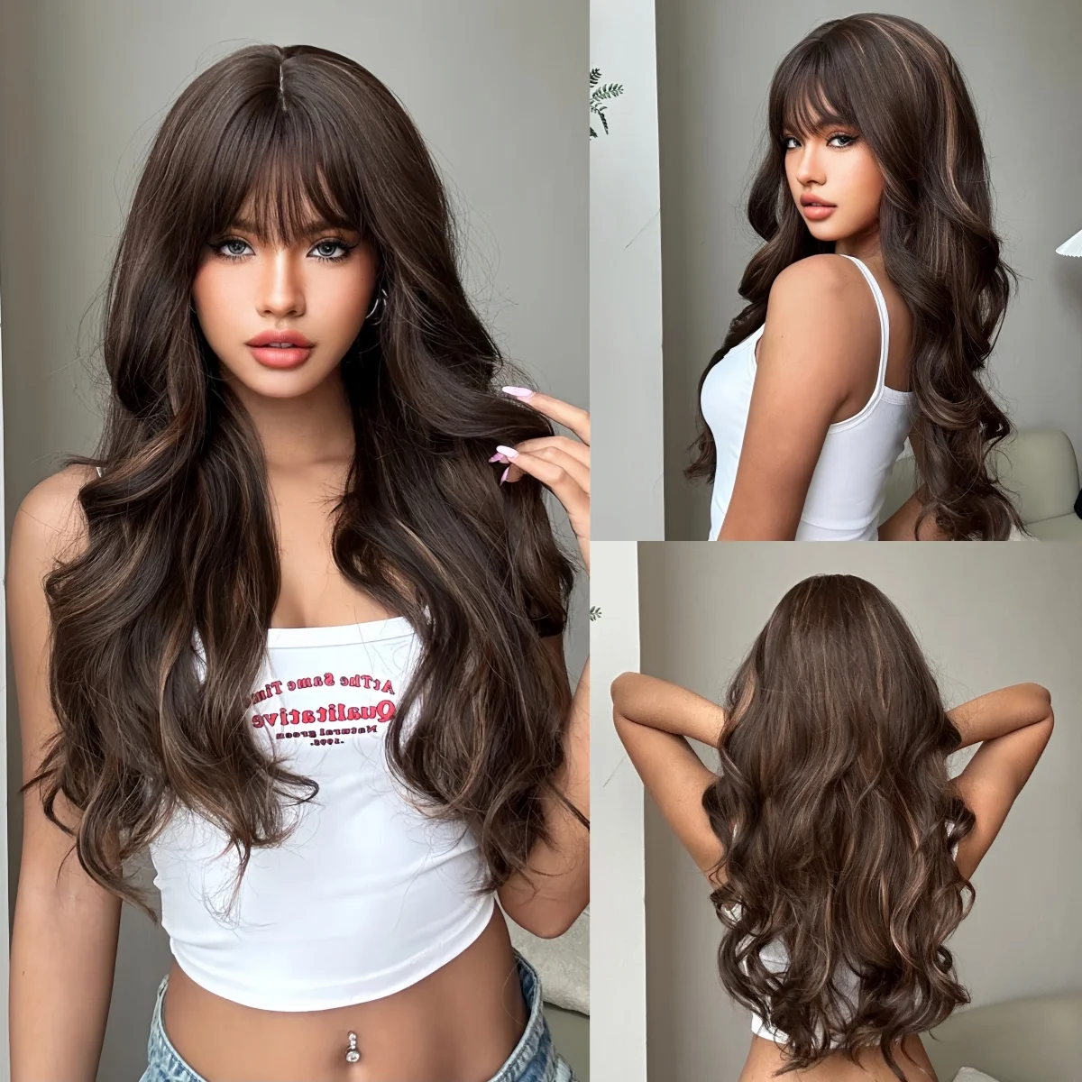 Brown Versatile Synthetic Wigs Women Hair Wavy Curly Hair with Bangs Long Highlight Wigs for White Women Heat Resistant Fiber