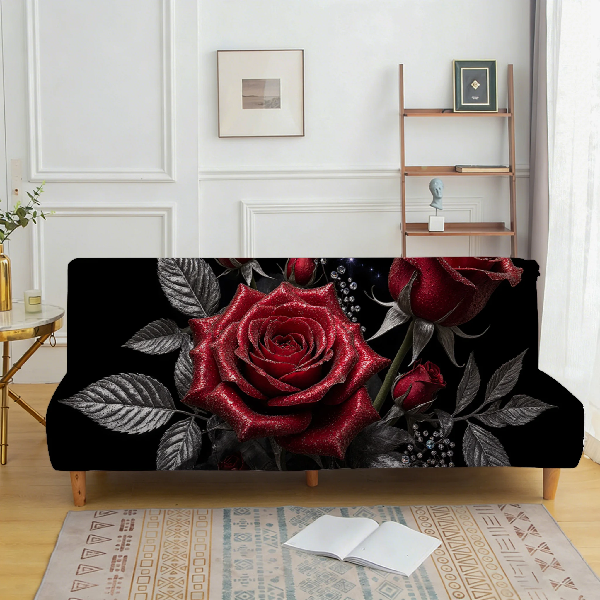 Black and red rose armless sofa bed cover, non-slip and scratch-proof furniture protective cover, easy installation