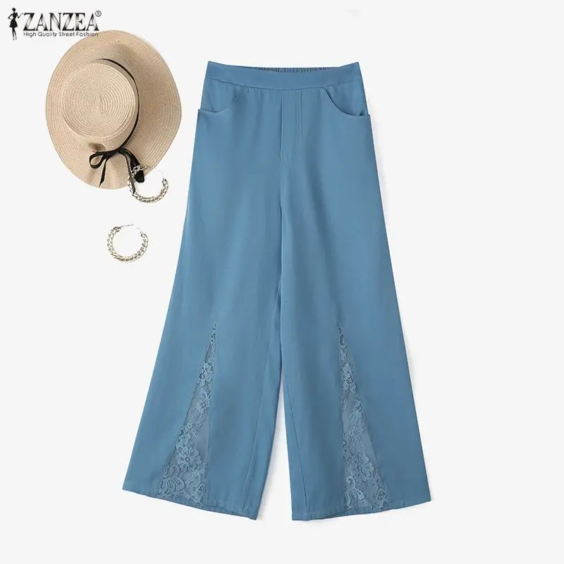ZANZEA Fashion Lace Patchwork Women Pants Wide Leg Pants Long Trousers Streetwear Summer Autumn Bottoms S-3XL
