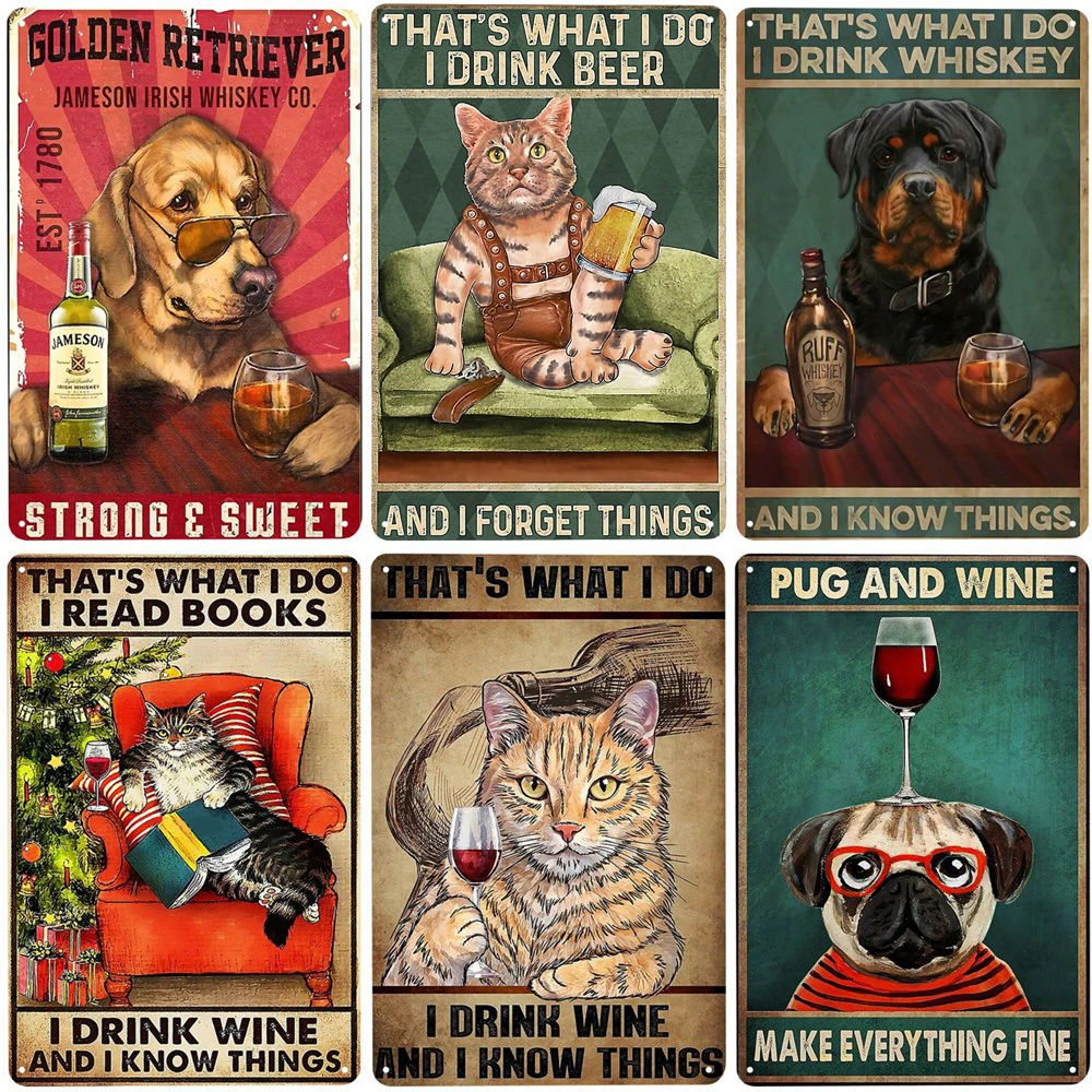 Beer Wine Gin - 猫とワインのヴィンテージメタルサイン、犬とビールの壁飾り、バー、家、クラブ用、レット・イブニング・ビー・ジンのブリキポスター、面白いプレートN46