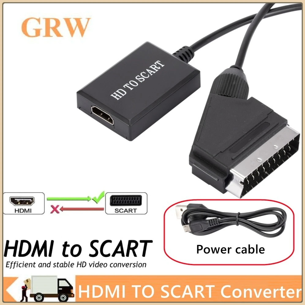 1080P HDMI-compatible to SCART Video Audio Upscale Converter Adapter for HD TV DVD for Sky Box STB Plug and Play DC Cable