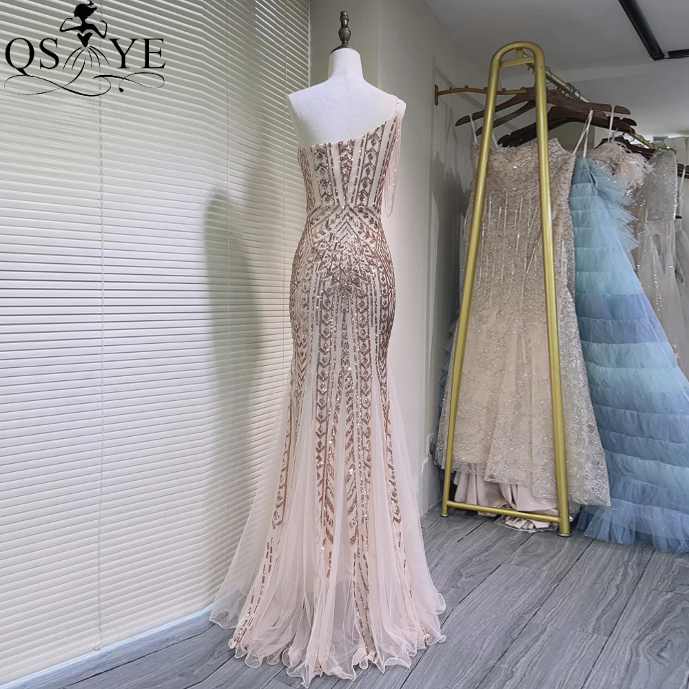 One Strap Gold Prom Dresses Mermaid Crystal Beaded Strings Sequin Pattern Lace Evening Dress Tulle Bottom GoldenFormal Gown 2024