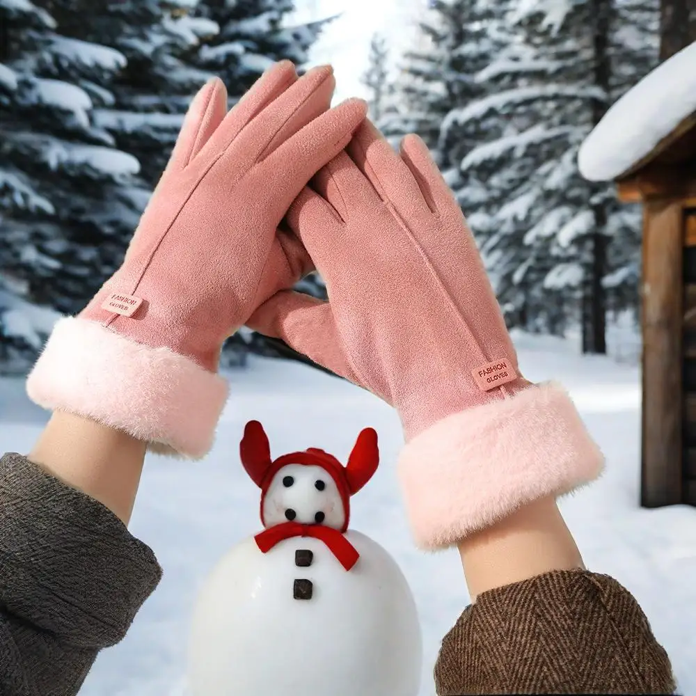 Frauen Winter Warme Dicke Plüsch Handschuhe Mode Wildleder Outdoor Guantes Dame Touchscreen Fahren Handschuhe Sport Wandern Radfahren Fäustlinge