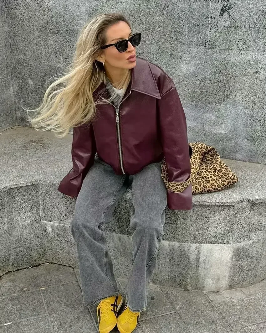 HH Women Fashion Burgundy Faux Leather Jackets Casual Lapel Long Sleeves Coat Zipper Autumn Female High Street Outerwear