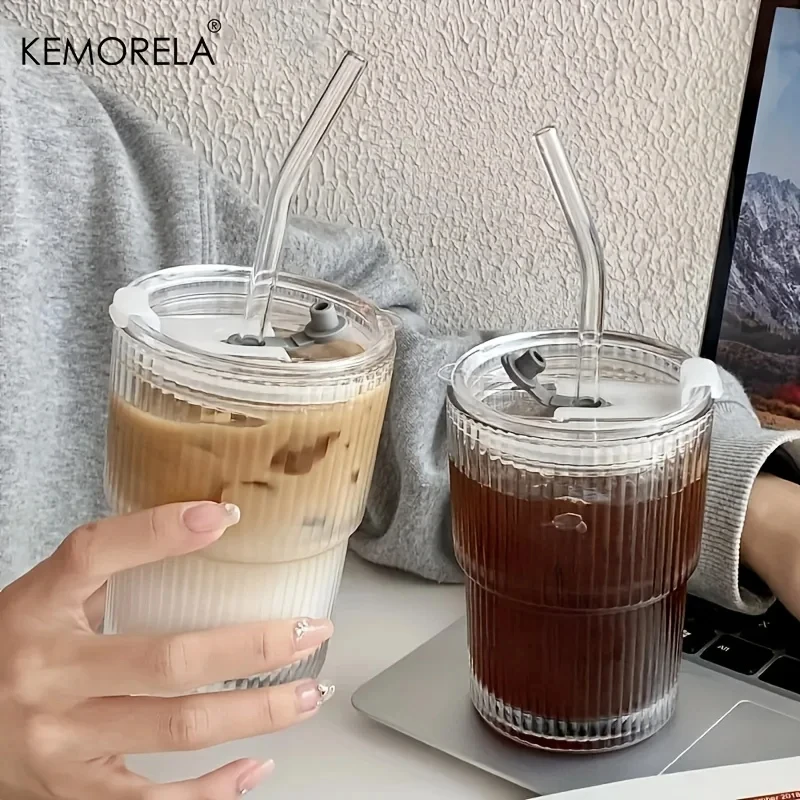 450ml Stripe Glass Cup Transparent Glasses With Lid and Straw Coffee Mug Tea Cup Whisky Glass Milk Water Cup 1/2PCS Drinkware