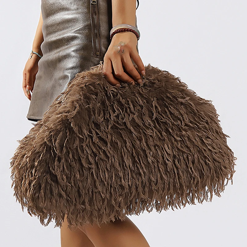 Dopamin-Stil Flauschige Quasten-Tasche Y2K Plüsch-Clutch Tasche Bonbonfarbene Neujahrs-Damenhandtasche Festival-Dinner-Kleid-Clutch Handtaschen – Detail 19
