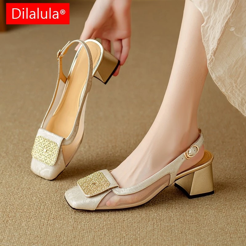 

Dilalula 2025 пикантные сандалии из натуральной кожи, женские сетчатые сандалии с квадратным носком, металлические туфли на высоком толстом каблуке, женская обувь для вечеринок и свиданий с открытой пяткой