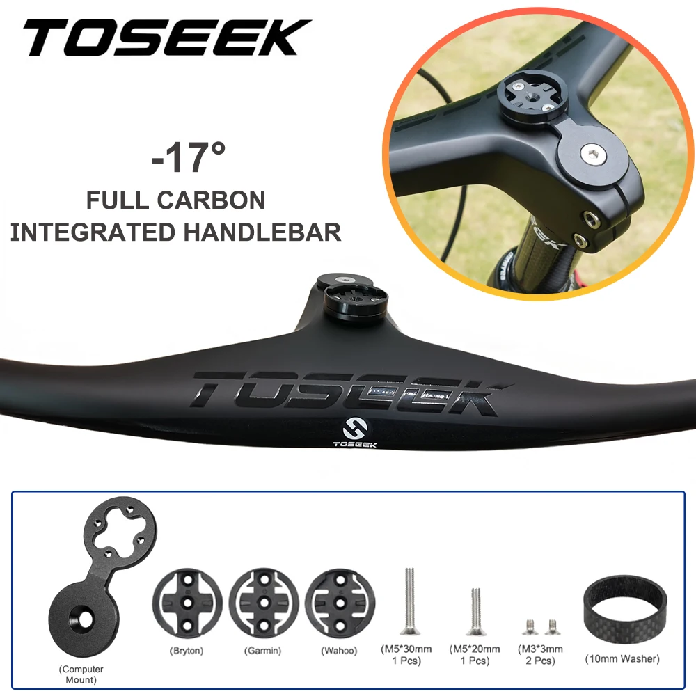 TOSEEK Carbon Mtb Handlebars and Stem 28.6mm  -17° Integrated Handlebar for Mountain Bike  Free Computer Stand Bike Acessories