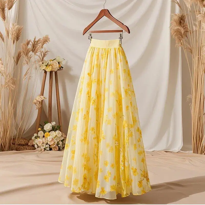 2026Summer New Women Simple Light Luxury Fashion Elegant French Princess Style Sweet Lovely High Waisted Floral Mid Length Skirt