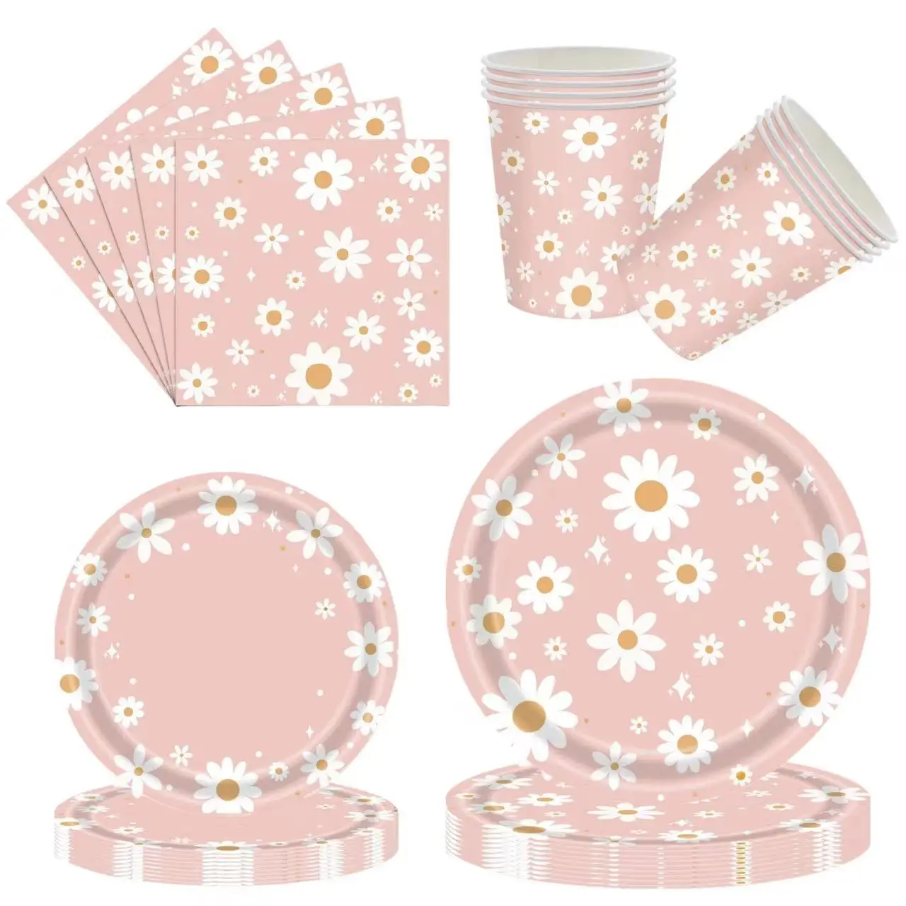 10 pcs Pink Daisy Theme Disposable Tableware Flower Plate Napkin Straws Banner Birthday Party Baby Shower Wedding Decor