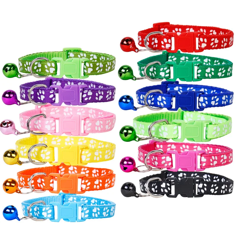 1Pc Pet Cat Bell Collar Cat Paw Print Adjustable Buckle Cat Necklace Pet Bell Dog Cat Accessories 12 Colors Pet Products