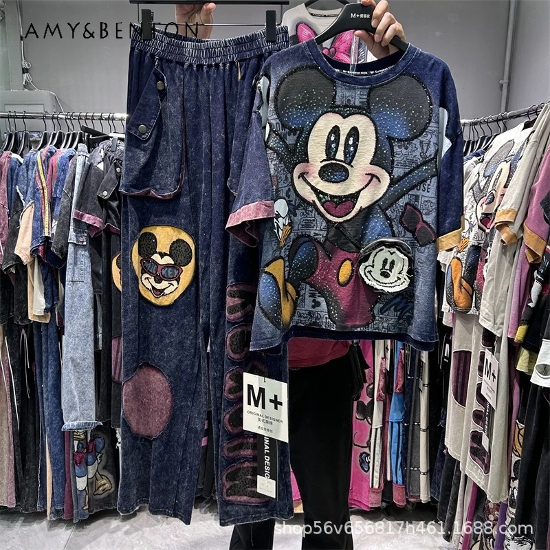 

Trendy Brand Y2k Cartoon Anime Washed Short-sleeves T-shirt Top + Elastic Waist Wide-leg Fashionable Pants Two-piece Set Outfits